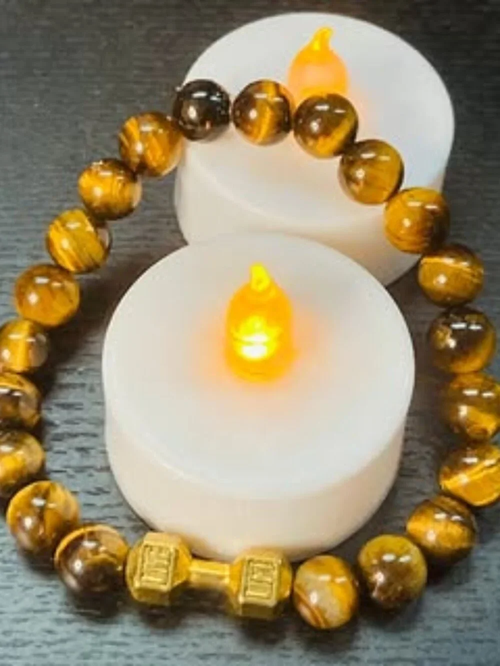 Gold Dumb Bell * Yellow Tiger Eye Beads